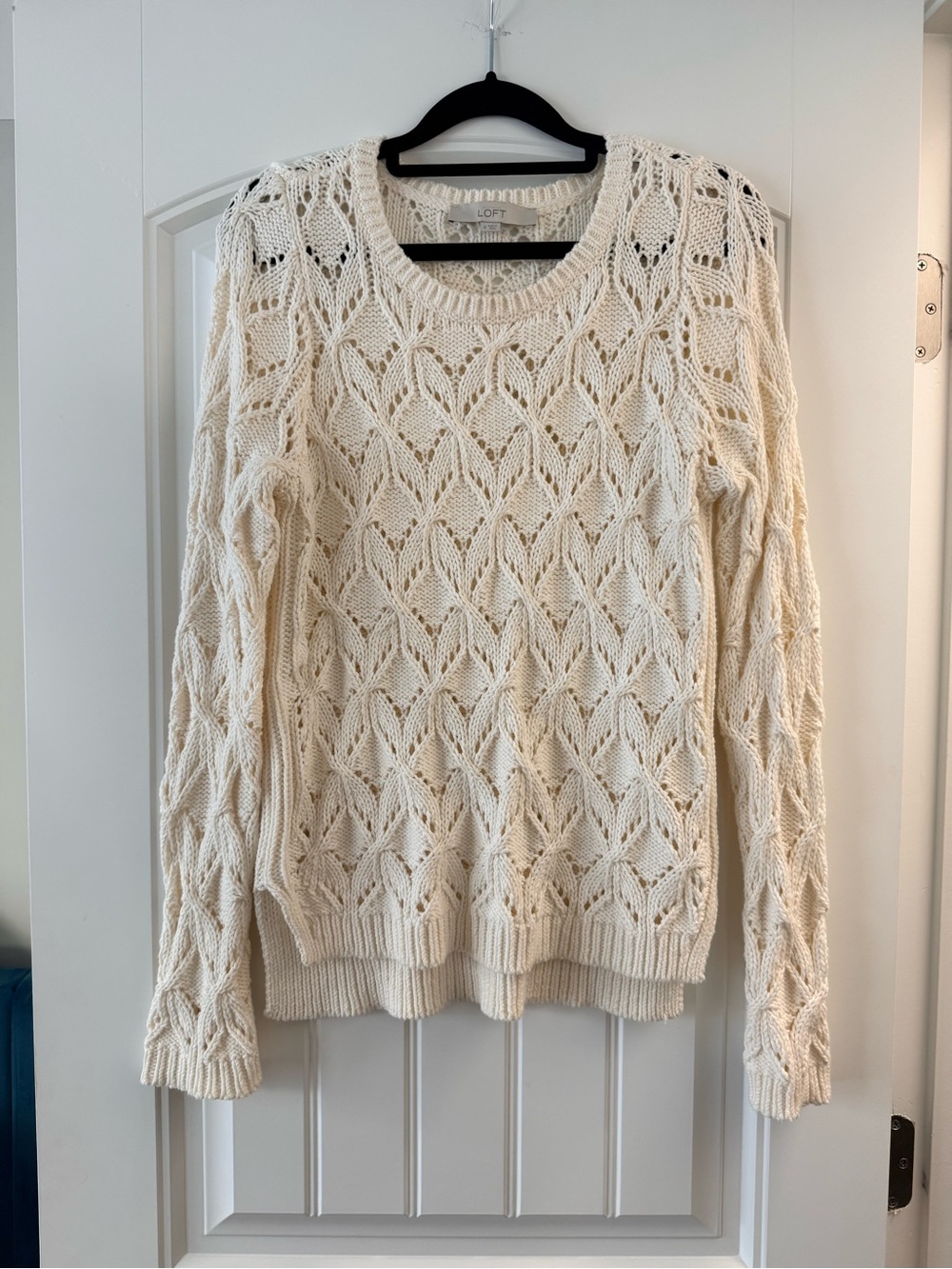 LOFT Cream Openwork Cable Knit Scoop Neck Sweater